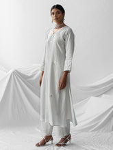 Pastel blue dobby kurta with all over embroidery