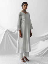 Pastel blue dobby kurta with all over embroidery