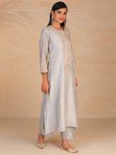 Grey hand embroidered silk chanderi kurta