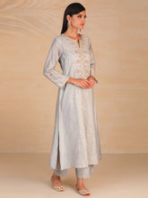 Grey chanderi embroidered panel kurta