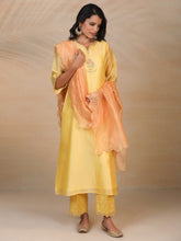 Yellow hand embroidered silk chanderi kurta