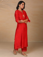 Red hand embroidered silk chanderi kurta