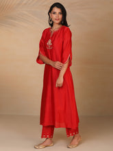 Red hand embroidered silk chanderi kurta