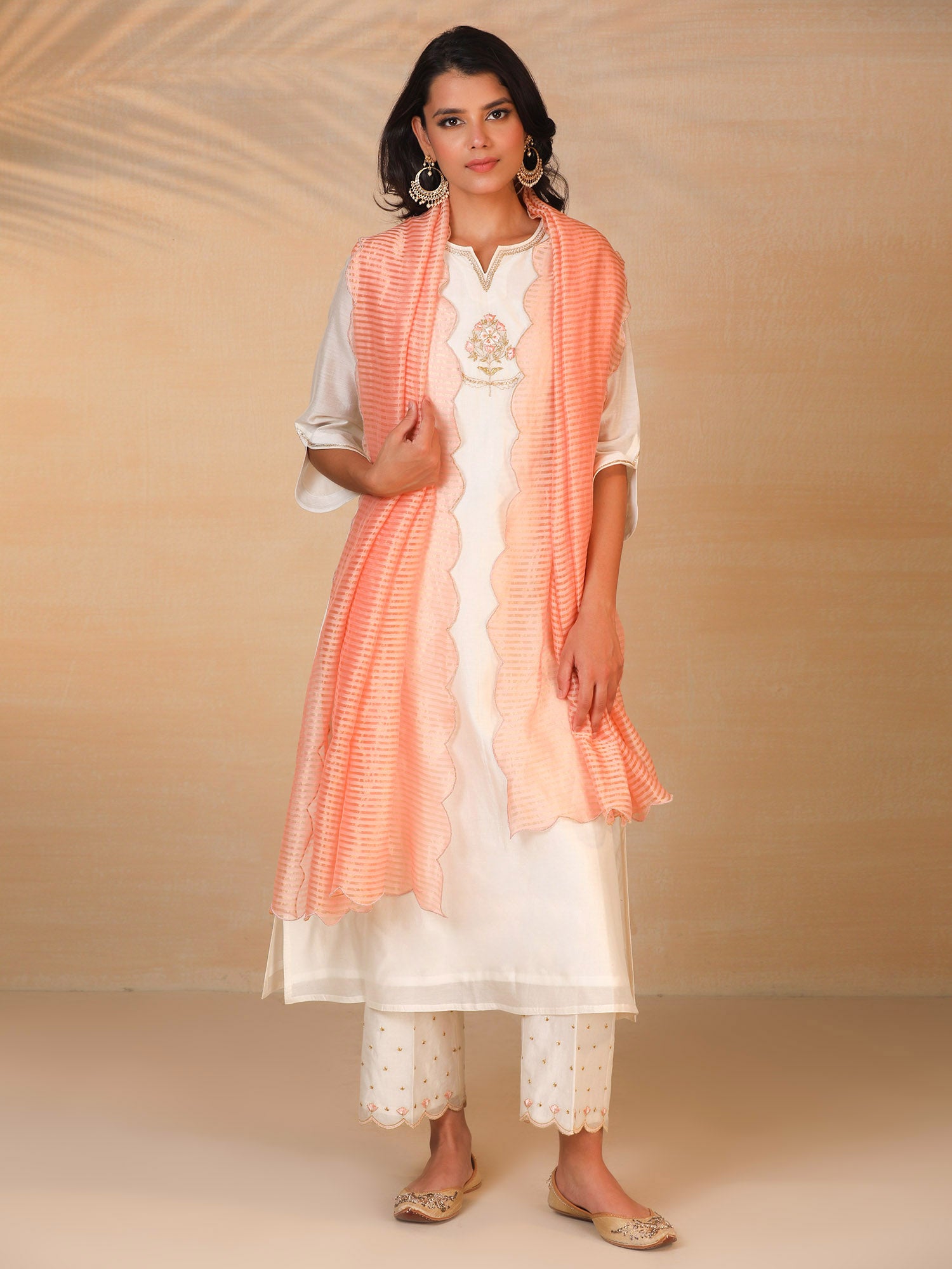 Off White Chanderi Silk Embroidered Sleeveless Kurta With Afghani Pant And Banarasi Dupatta Set