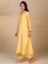 Yellow hand embroidered silk chanderi kurta