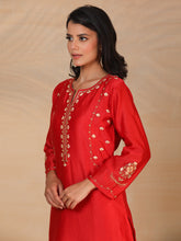 Red hand embroidered silk chanderi kurta