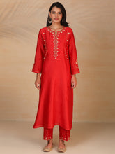 Red hand embroidered silk chanderi kurta