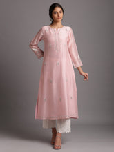 Pink silk chanderi kurta with embroidery