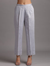 Grey scalloped cotton satin palazzo with embroidery