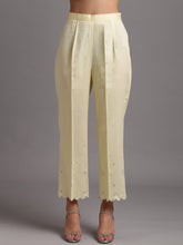 Yellow scalloped cotton satin palazzo with embroidery