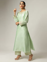Green Silk chanderi kurta with hand embroidery