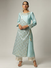 Blue Silk chanderi angrakha kurta with hand embroidery