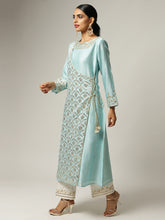 Blue Silk chanderi angrakha kurta with hand embroidery