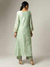 Green Silk chanderi angrakha kurta with hand embroidery