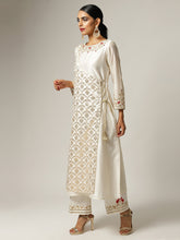 Off white Silk chanderi angrakha kurta with hand embroidery
