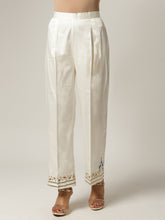 Off white embroidered palazzo with sequins and dark blue floral motif