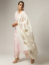 Off white silk chanderi  scalloped dupatta with zari embroidered floral motifs