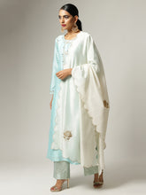 Off white silk chanderi  scalloped dupatta with zari embroidered floral motifs