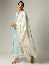 Off white silk chanderi  scalloped dupatta with zari embroidered floral motifs