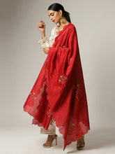 Red silk chanderi scalloped dupatta with zari embroidered floral motifs