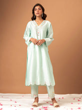Mint Silk chanderi kurta with scalloped hem