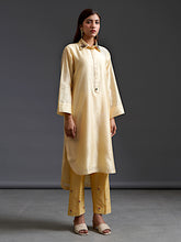 Yellow collared hand embroidered silk chanderi tunic kurta