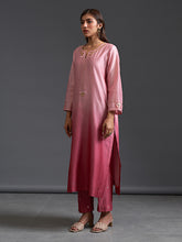 Pink ombre hand embroidered silk chanderi kurta