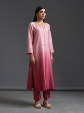 Pink ombre hand embroidered silk chanderi kurta