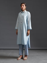 Blue collared hand embroidered silk chanderi tunic kurta