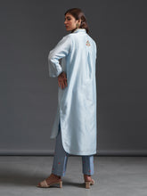 Blue collared hand embroidered silk chanderi tunic kurta