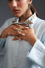 Blue collared hand embroidered silk chanderi tunic kurta