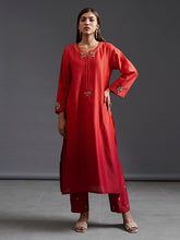 Red ombre hand embroidered silk chanderi kurta