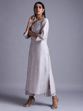 Light grey silk chanderi kurta with  embroidery