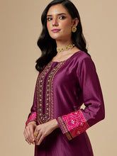 Wine silk chanderi a-line hand embroidered kurta
