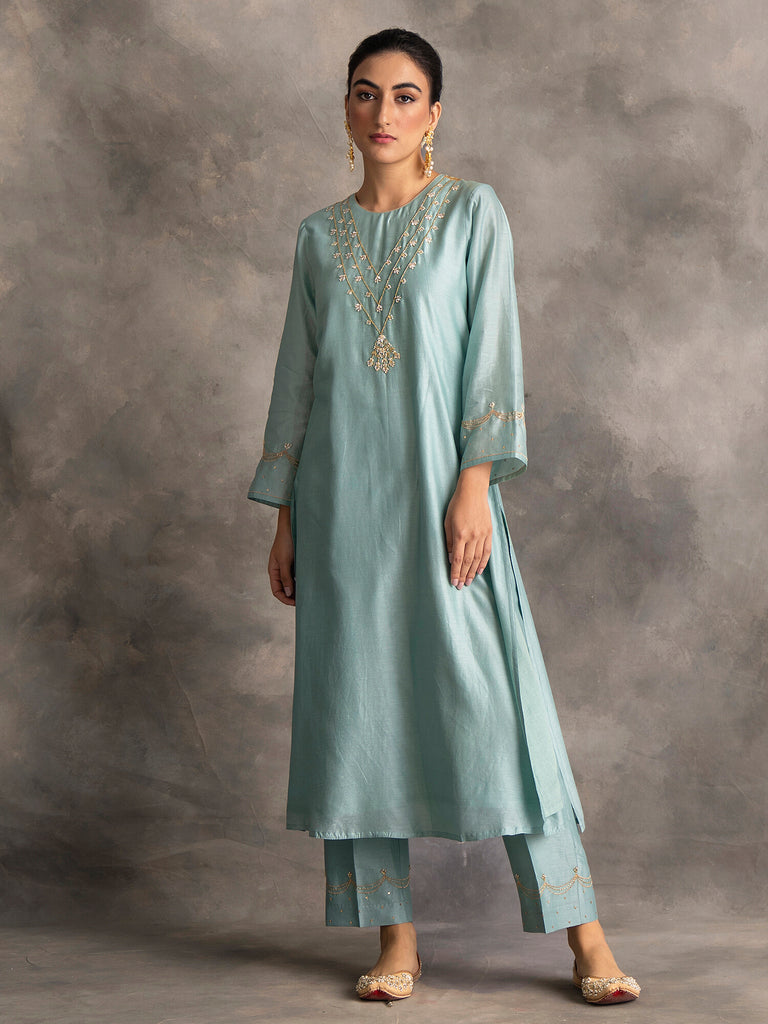 Blue Silk chanderi kurta with hand embroidery – Anantaalife