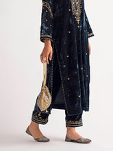 Deep blue velvet kurta with hand embroidery