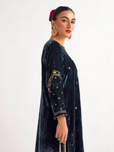 Deep blue velvet kurta with hand embroidery