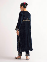 Deep blue velvet kurta with hand embroidery