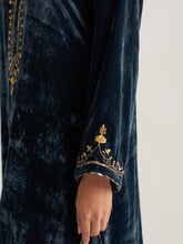 Deep blue velvet kurta with hand embroidery