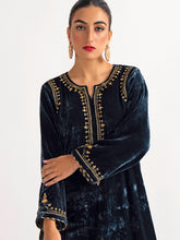 Deep blue velvet kurta with hand embroidery