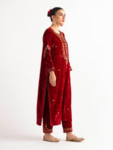 Deep Red velvet kurta with hand embroidery