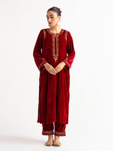 Deep Red velvet kurta with hand embroidery
