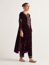 Wine velvet kurta with hand embroidery