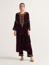 Wine  velvet palazzo with embroidery