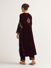 Wine velvet kurta with hand embroidery