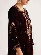 Wine velvet kurta with hand embroidery