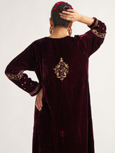 Wine velvet kurta with hand embroidery