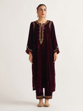 Wine velvet kurta with hand embroidery