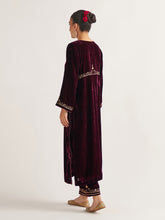 Wine velvet kurta with hand embroidery