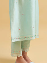 Mint silk chanderi embroidered kurta with scalloped sleeves